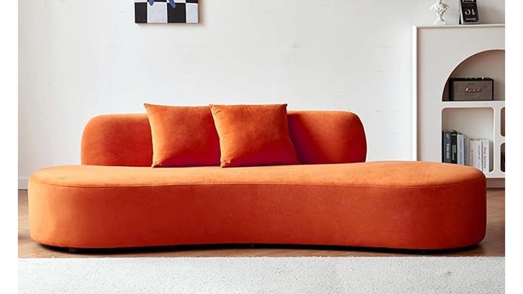 red orange velvet couch